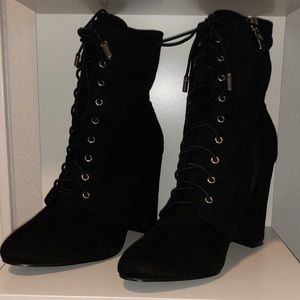 Black suede lace-up mid-calf booties